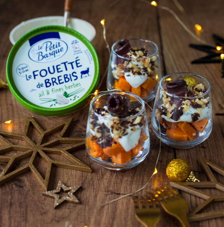 verrines de Noël fouetté de brebis, patates douces, magret et noix